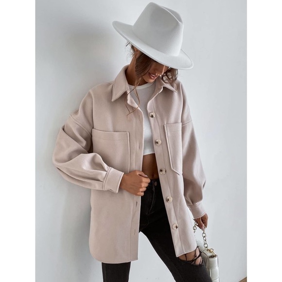 Drop Shoulder Pocket boyfriend shacket oversized jacket Coat cream tan - Picture 4 of 8